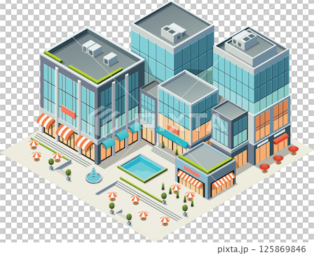Isometric modern commercial district with shops, offices, and plaza Isometric modern commercial district with shops, offices, and plaza 125869846