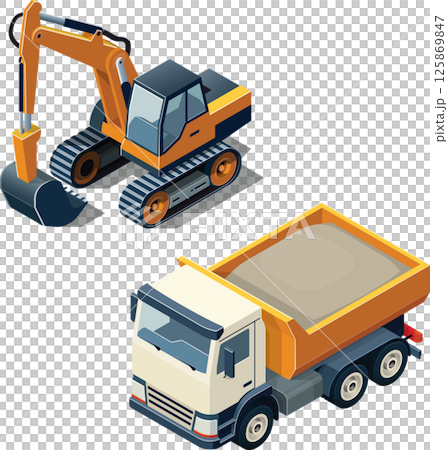 Isometric vector illustration of a dump truck and excavator  125869847