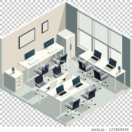 Isometric vector illustration of a modern office workspace with desks and computers Isometric vector illustration of a modern office workspace with desks and computers 125869848