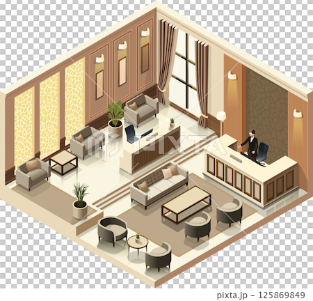 Isometric vector illustration of a luxury hotel lobby with reception and lounge area 125869849