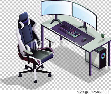 Isometric gaming desk setup with dual monitors and gaming chair Isometric gaming desk setup with dual monitors and gaming chair 125869850