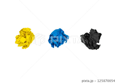 Three colorful crumpled paper isolated on white. Black, blue and yellow Three colorful crumpled paper isolated on white. Black, blue and yellow 125870054