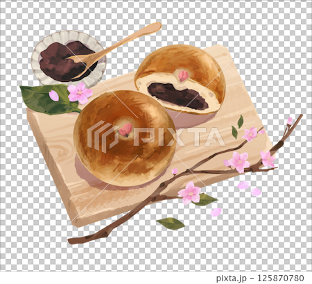 櫻花紅豆麵包放在木砧板上的插圖 125870780