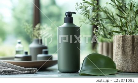 The minimalist design of the shampoo bottle with a large plant leaf. 125871083