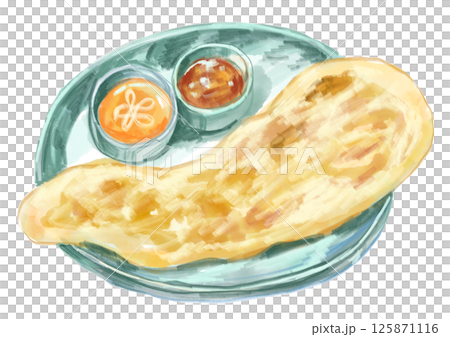 美味新鮮出爐的烤餅和咖哩的水彩插圖 125871116