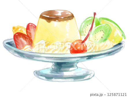 手描きイラスト　ミニ色紙　夏喫茶／プリンアラモード プリンアラモード(手描き)のイラスト素材 [74370193] - PIXTA