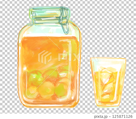 爽やかで美味しそうな透き通った梅酒と瓶とコップの手描き水彩イラスト 125871126
