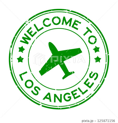 Grunge green welcome to los angeles word with plane icon round rubber seal stamp on white background 125871156