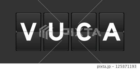 Black color analog flip board with word VUCA (abbreviation of Volatility, uncertainty, complexity and ambiguity) on gray background 125871193