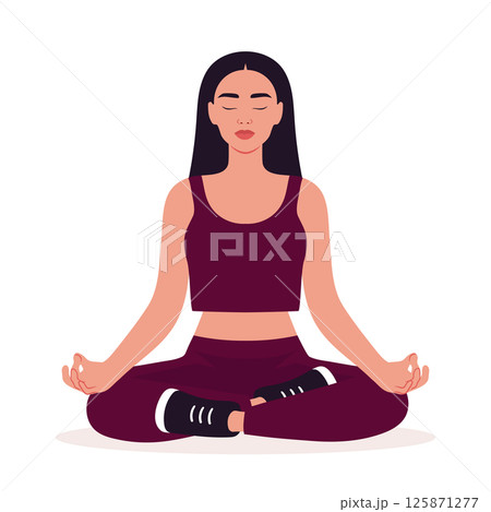 Asian woman is sitting in lotus pose. Meditating girl isolated on white background. Girl doing yoga. Vector illustration Asian woman is sitting in lotus pose. Meditating girl isolated on white background. Girl doing yoga. Vector illustration 125871277