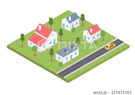 Country village district isometric illustration of a rural area with many buildings and houses, streets, trees and vehicles Country village district isometric illustration of a rural area with many buildings and houses, streets, trees and vehicles 125871301