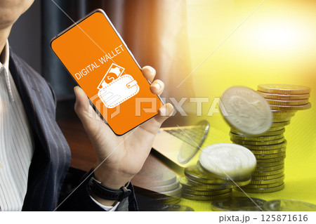Man holding smartphone with digital wallet application Man holding smartphone with digital wallet application 125871616