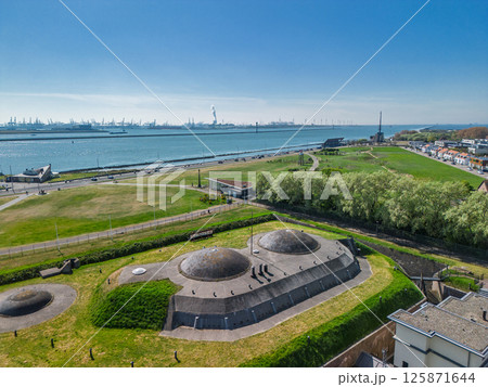 Aerial view of historic coastal fort with bunkers, grassy landscape and museum buildings against wide river, canal, bay with industrial port and cranes in background under clear blue sky. 125871644