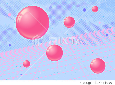 Retro-futuristic digital artwork with glossy spheres, neon grid, and halftone textures, in a sci-fi landscape. 125871959