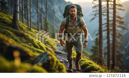 Adventurous hiker exploring mountain trail at sunrise 125872116