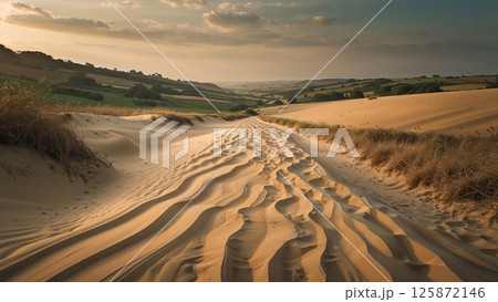 Golden sand dunes stretching into lush valley 125872146
