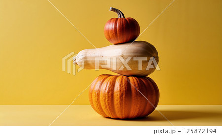 Stack of three pumpkins on yellow background, autumn theme. 125872194