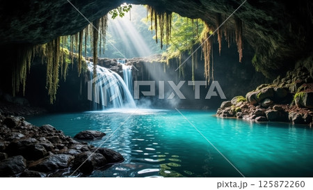 hidden waterfall deep inside a lush jungle cave 125872260