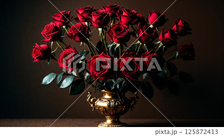 Elegant arrangement of vibrant red roses in ornate vase 125872413