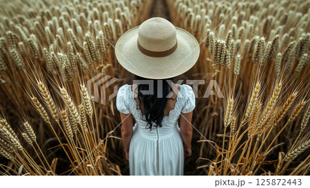 Woman wearing white dress and straw hat walking through golden wheat field 125872443
