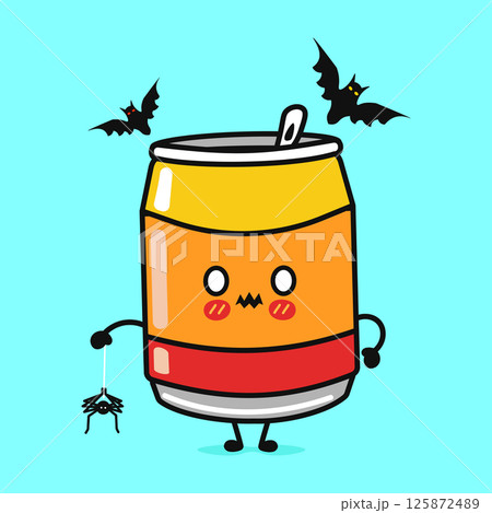 A cartoon Soda Can with a Halloween theme featuring bats and a spider for a fun, holiday celebration. 125872489