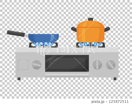 Illustration of a gas stove seen from the side while cooking Illustration of a gas stove seen from the side while cooking 125872511