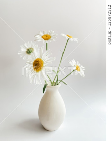 Minimalist floral composition featuring white daisies with yellow centers arranged in a simple ceramic vase against a soft white background. Minimalist floral composition featuring white daisies with yellow centers arranged in a simple ceramic vase against a soft white background. 125872512