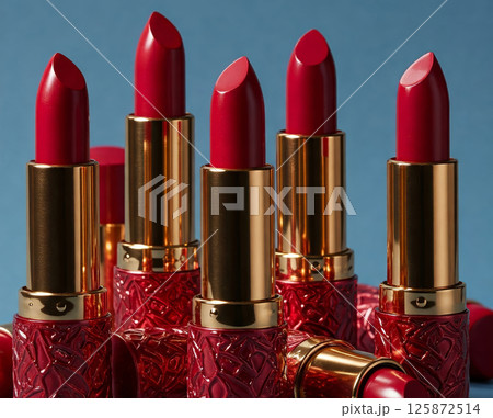 Elegant collection of red lipsticks with gold and textured red cases arranged artistically on a blue background. 125872514
