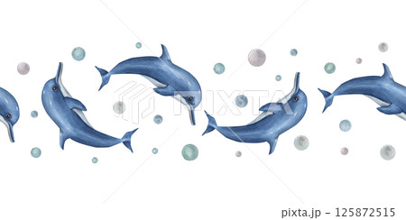 Watercolor dolphins swimming and jumping among water bubbles in blue colors seamless border isolated background. Sea animals illustration. Ornate for beach themed textiles, nautical branding. 125872515