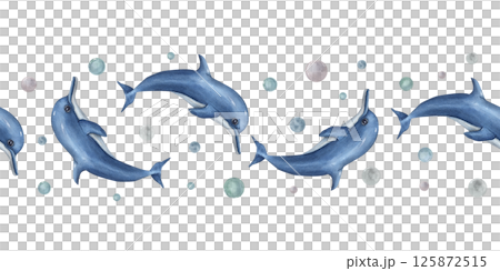Watercolor dolphins swimming and jumping among water bubbles in blue colors seamless border isolated background. Sea animals illustration. Ornate for beach themed textiles, nautical branding. 125872515