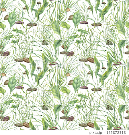 Watercolor lush green water plants swaying in underwater currents seamless pattern isolated background. Water floating kelps illustration. Aquarium ornate for marine biodiversity decor, textile 125872518