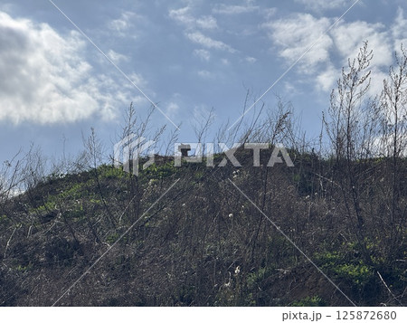 Cross on a windswept hill under a bright spring sky Cross on a windswept hill under a bright spring sky 125872680