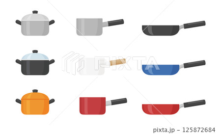 両手鍋と片手鍋とフライパンのイラスト素材 両手鍋と片手鍋とフライパンのイラスト素材 125872684