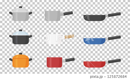 Illustration material of a two-handled pot, a one-handled pot and a frying pan Illustration material of a two-handled pot, a one-handled pot and a frying pan 125872684