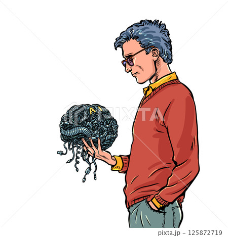 A man's reflection on the creation of intelligence. A man holds the brain of artificial intelligence in his hands. The creator and his creation. 125872719