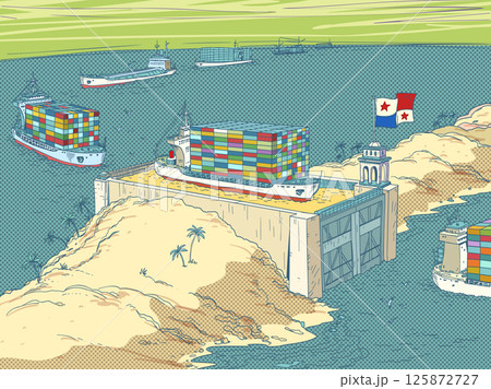 The Panama Canal transports ships. International maritime trade. Container ships sail in the ocean. The Panama Canal transports ships. International maritime trade. Container ships sail in the ocean. 125872727