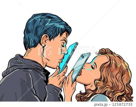 Man and woman kissing through phone screens. Long distance love. Dating app. 125872735