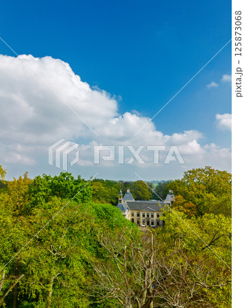 Aerial view of a historic castle surrounded by a forest, with vast green fields, winding waterways, and a river stretching across the flat Dutch countryside under a partly cloudy sky. 125873068