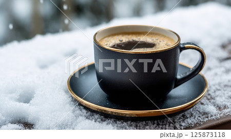 Coffee Cup on Snowy Surface Bringing Comfort and Contrast on Cold Day Coffee Cup on Snowy Surface Bringing Comfort and Contrast on Cold Day 125873118