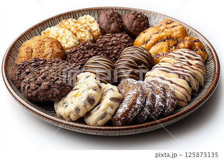 Variety of bakes and cookies in ceramic plate on a white background. Variety of bakes and cookies in ceramic plate on a white background. 125873135