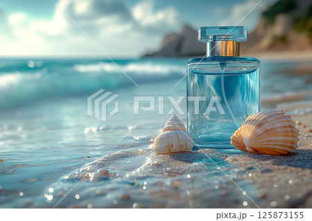 Modern perfume bottle adorned with water droplets and a subtle light reflection on summer beach background. 125873155