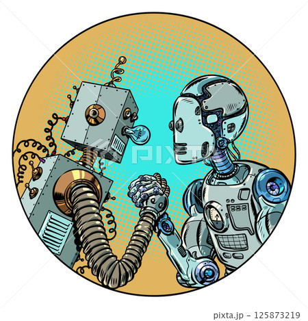 Pop Art Retro Robots fighting each other. Arm wrestling between opposites. Old technologies versus new ones. Pop Art Retro Robots fighting each other. Arm wrestling between opposites. Old technologies versus new ones. 125873219