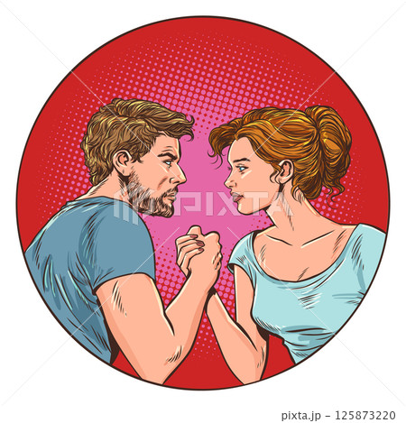 Pop Art Retro Woman and man fighting each other. Arm wrestling between opposites. Problems in a couple's relationship. Pop Art Retro Woman and man fighting each other. Arm wrestling between opposites. Problems in a couple's relationship. 125873220