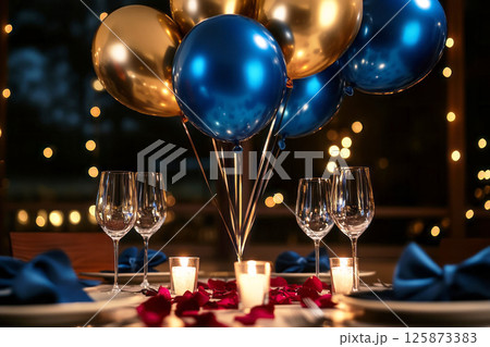 A festive arrangement of blue and gold balloons floating above a table with elegant wine glasses, rose petals scattered, and candlelight casting a warm, romantic glow 125873383