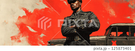 Inspirational pin-up image of Afroamerican male troop in infantry suit standing firm by combat vehicle, blending bold style, national pride and classic poster aesthetics, banner 125873401