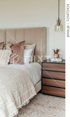 A chic bedroom with a velvet headboard, muted tones, a wooden dresser, and cozy accents like cushions and throws, highlighted by soft pendant lighting for a sophisticated vibe 125873434