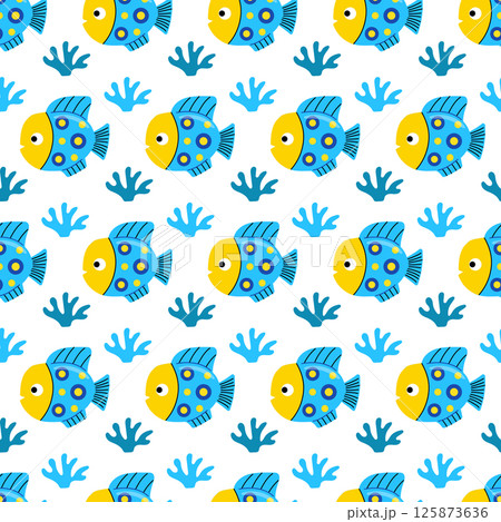 Blue tropical fish seamless pattern. Exotic fish with cute face 125873636