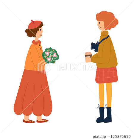 Photographer character with model. Cute hand drawn characters. Female persons. 125873650