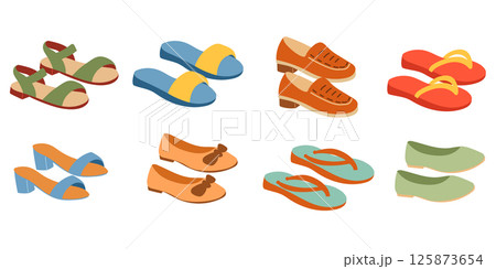 Set of trendy summer shoes. Colorful women shoes set. Set of trendy summer shoes. Colorful women shoes set. 125873654