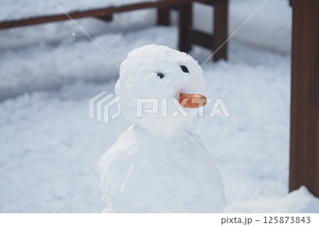 Snowman with carrot nose stands in a snowy landscape Snowman with carrot nose stands in a snowy landscape 125873843